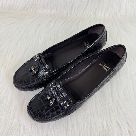 Women's Stuart Weitzman Genuine Leather Croc Embossed Tassel Loafer Sz 9M Black - Picture 1 of 7